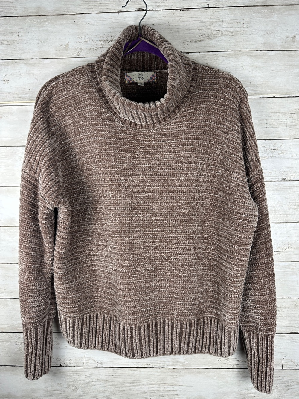 Pink Rose Brown Chenille Ribbed Turtleneck Sweater XL